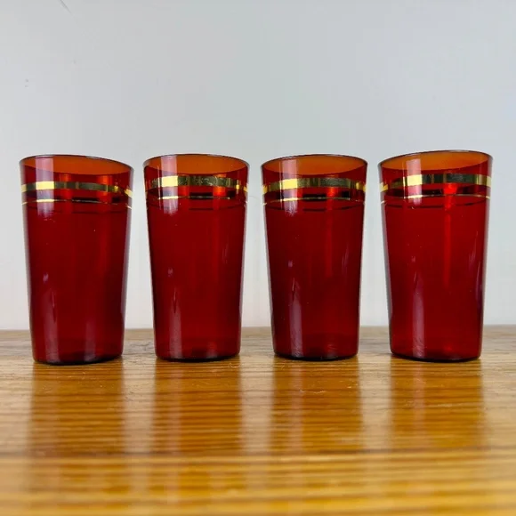 Vintage Ruby Red Glass Tumblers with Gold Design – Set of 4 - Picture 2 of 16